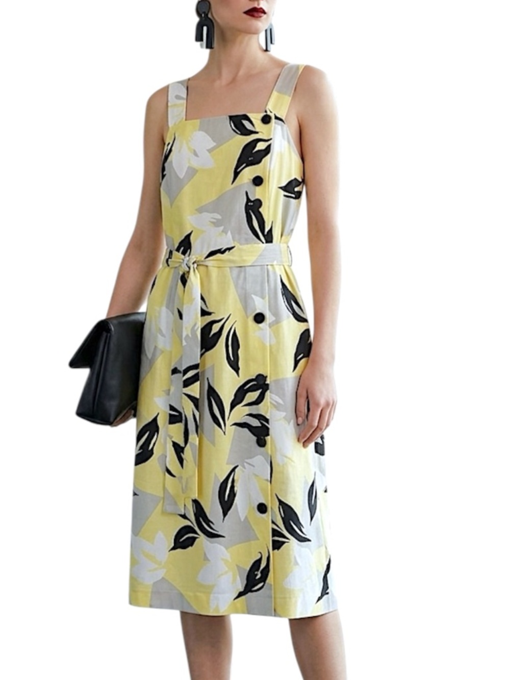 Vintage 90s lightweight yellow black grey floral square neck midi sun dress 16.5